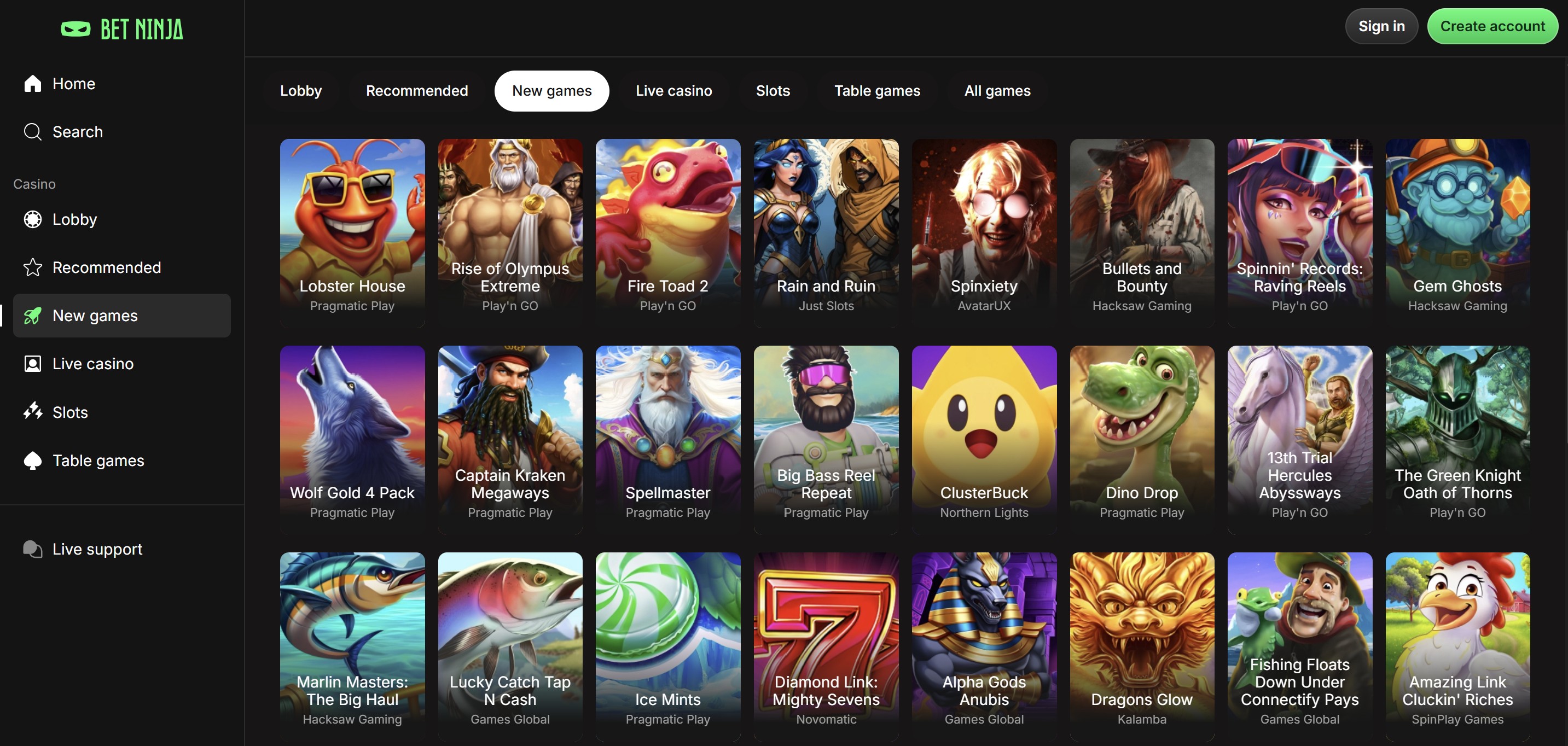 betninja casino slots lobby