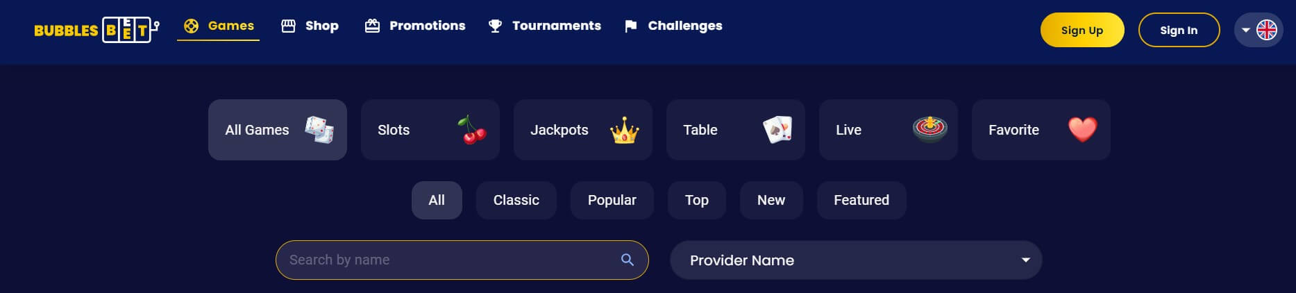 bubbles bet casino games lobby