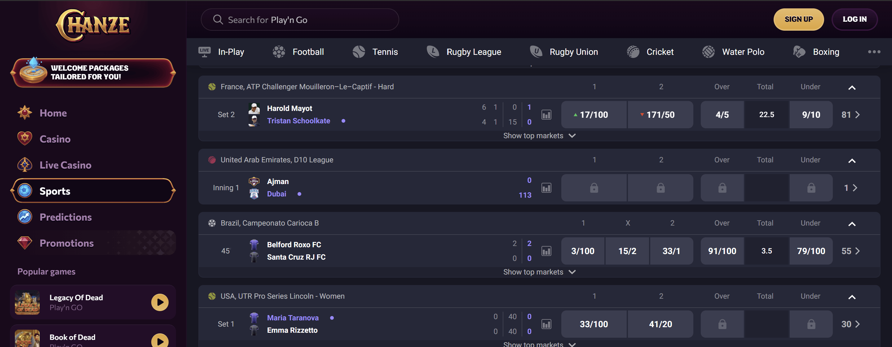 sports betting lobby at chanze casino